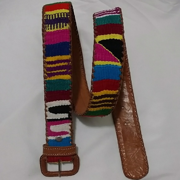 VTG Handcrafted Aztec Textile Leather Belt - Picture 2 of 6